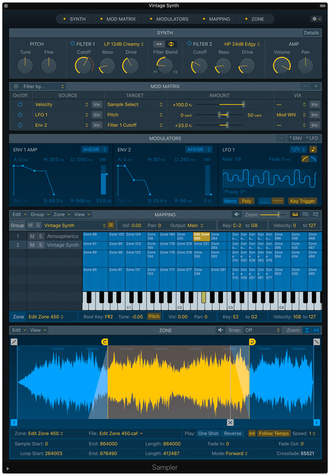 Logic Pro X’te Sampler ekranı.