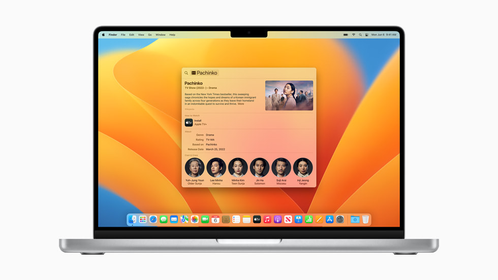 MacBook Pro’daki Spotlight’ta bir TV programıyla ilgili yeni arama sonuçları.