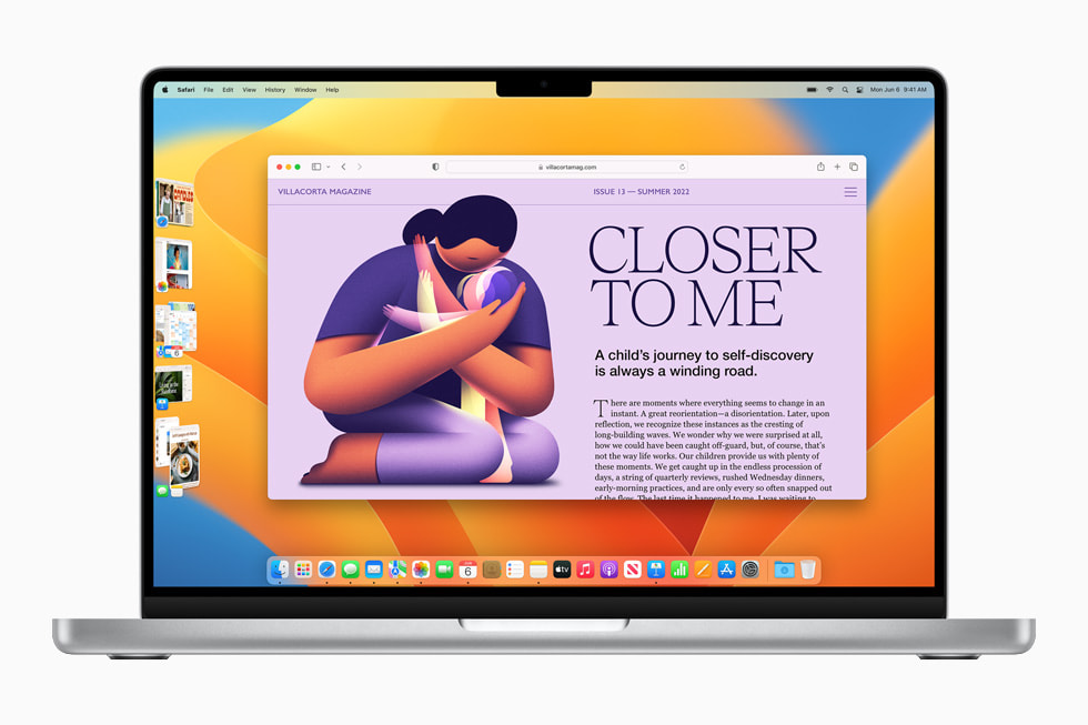 14 inç MacBook Pro’da, birden çok uygulama penceresinin Safari penceresinin sol tarafında gruplanmasını sağlayan yeni Stage Manager özelliği.