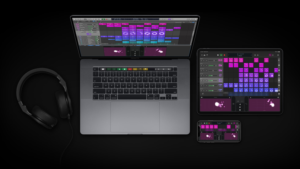 MacBook Pro, iPad Pro ve iPhone’da gösterilen Logic Pro.