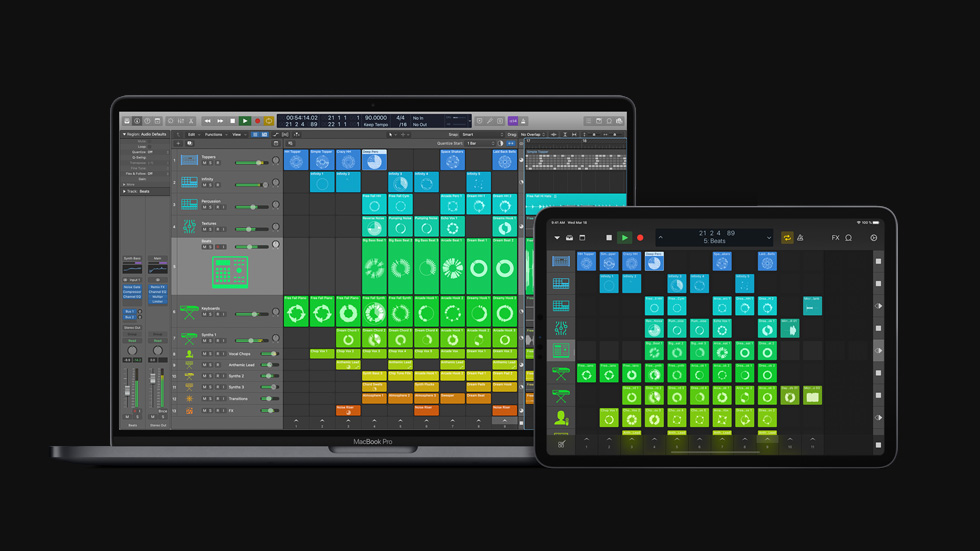 MacBook Pro ve iPad Pro’da görüntülenen Logic Pro X 10.5 sürümü.