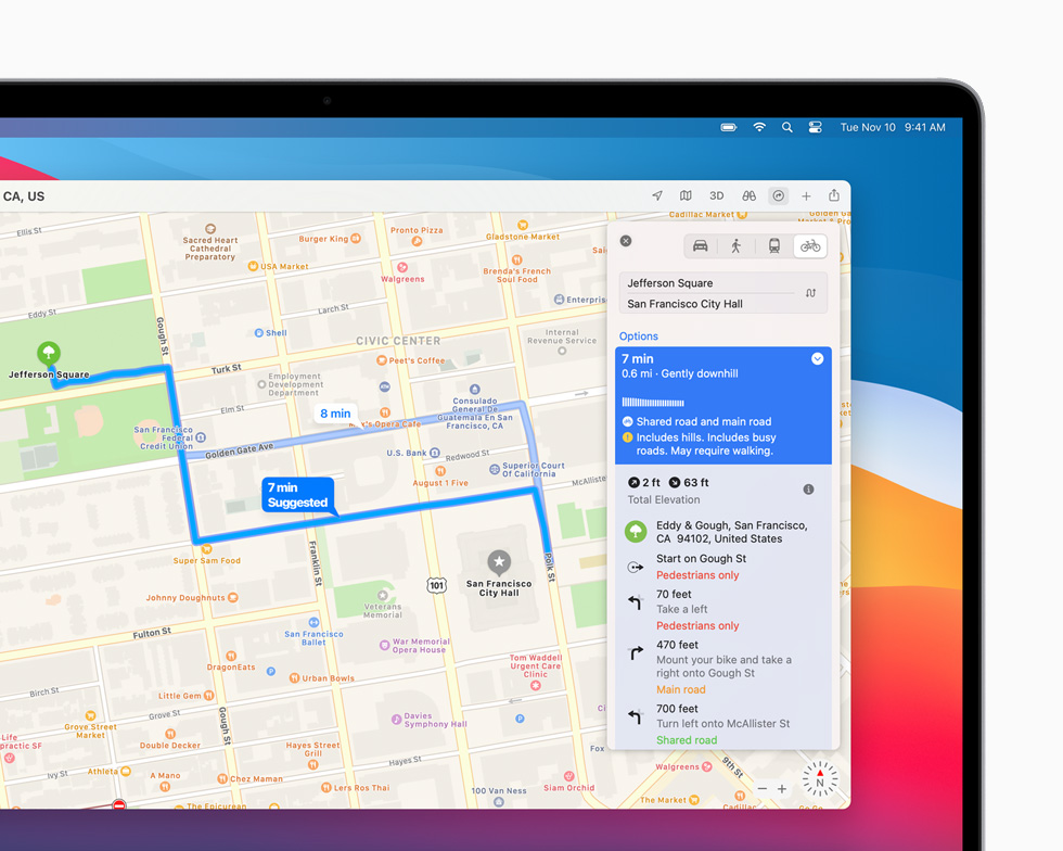 MacBook Pro’daki Harita uygulamasında San Francisco şehri için rotası çizilmiş ve planlanmış bir bisiklet gezisi görüntüleniyor.