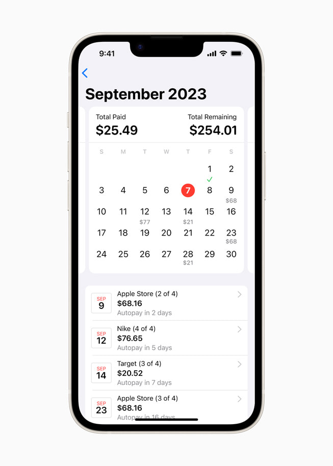 La vista de calendario de Wallet en un iPhone 14 muestra al usuario lo que debe pagar por todos sus préstamos durante un periodo de 30 días.