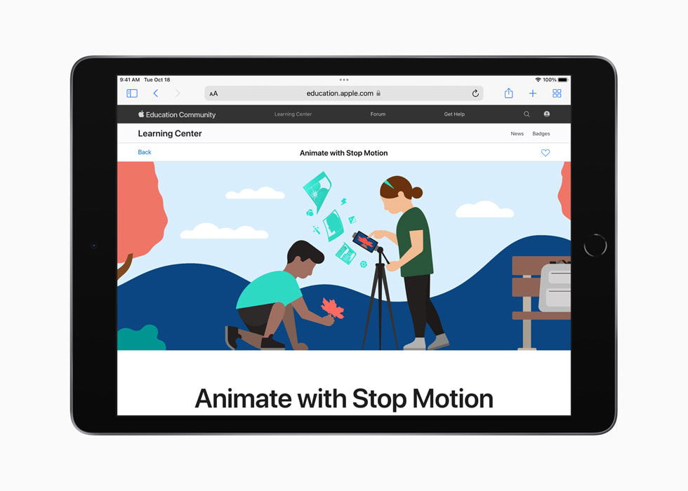 مركز Animate with Stop Motion في موقع مجتمع Apple التعليمي على iPad.