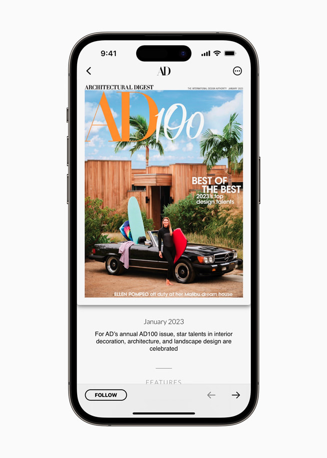 iPhone 14 Pro’da Apple News+’taki Architectural Digest gösteriliyor.