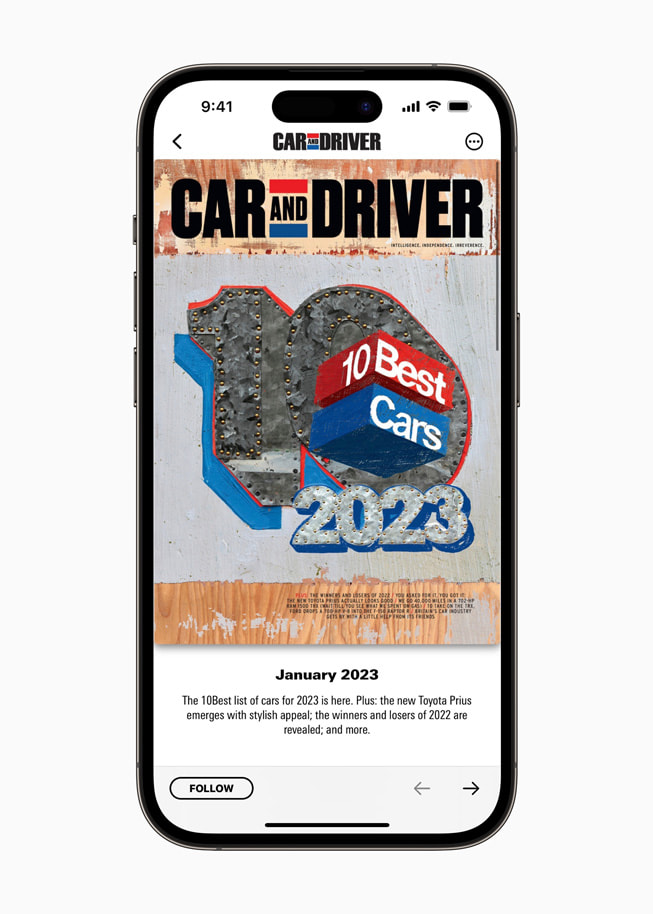 iPhone 14 Pro’da Apple News+’taki Car and Driver gösteriliyor.