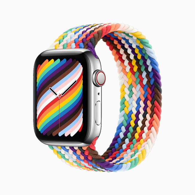 Apple Watch için Pride Edition Örgü Solo Loop ve Pride kadranının yandan görünümü.