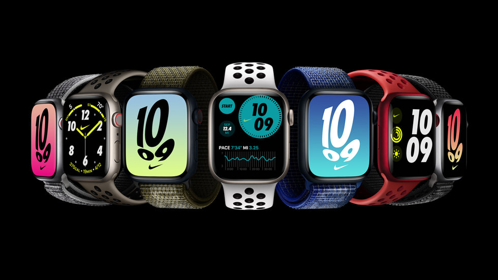 Yeni Apple Watch Nike kordonları ve saat kadranları.