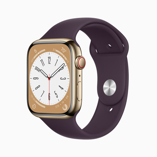 Altın rengi paslanmaz çelik kasaya sahip yeni Apple Watch Series 8.
