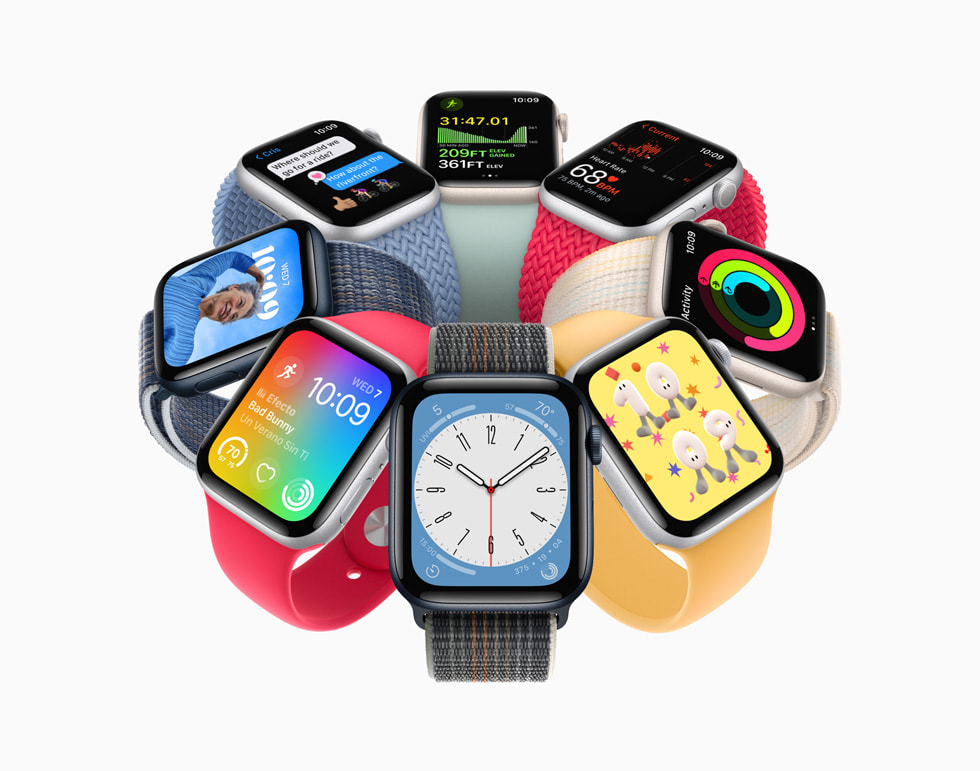 8 adet Apple Watch SE aygıtında yeni watchOS 9 özellikleri gösteriliyor.