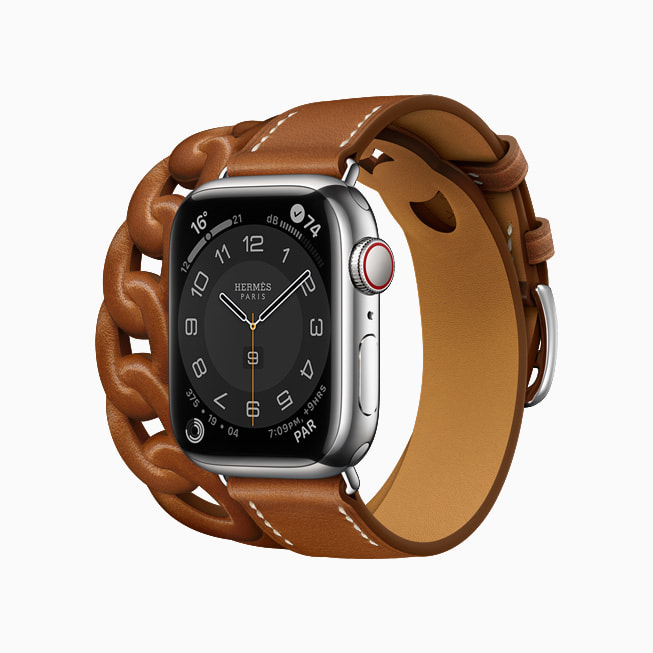 포브 바레니아 가죽 소재의 Gourmette 더블 투어 스타일을 보여주는 Apple Watch Hermès.