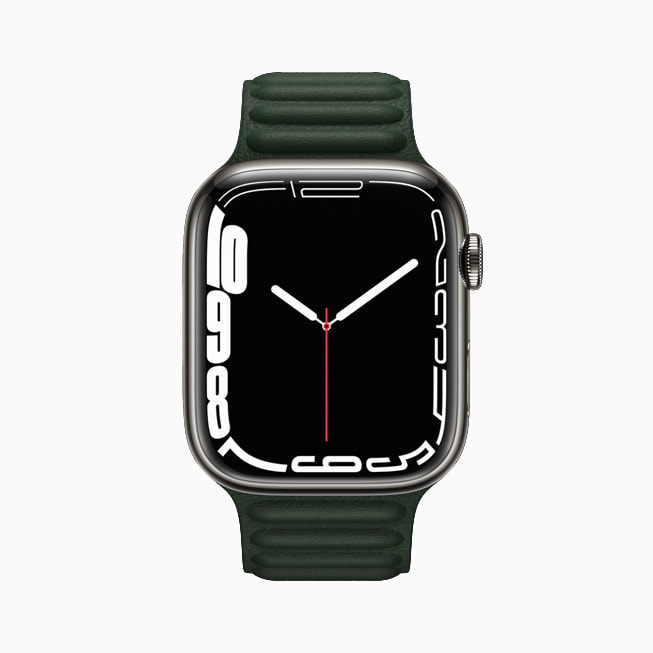 새로운 윤곽 페이스를 보여주는 Apple Watch Series 7.