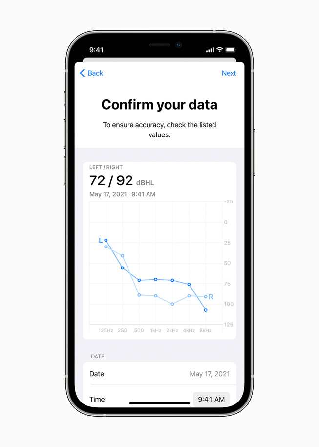 오디오 조정 기능의 오디오그램 차트를 보여주는 iPhone 12 Pro.