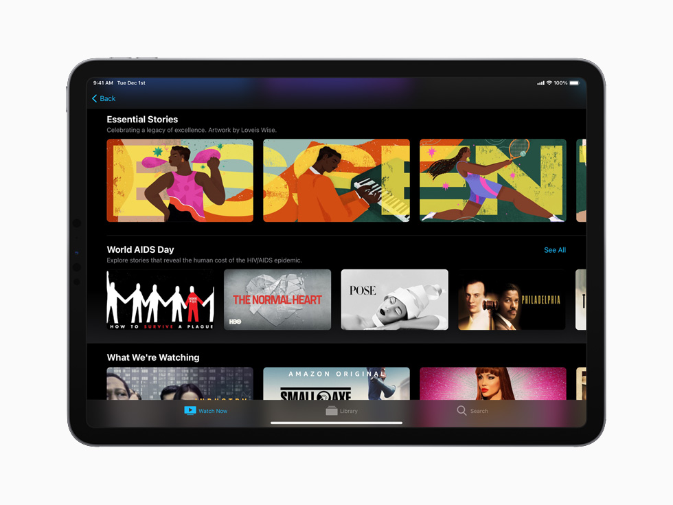 11 inç iPad Pro’da Apple TV uygulamasından Dünya AIDS Günü koleksiyonu.