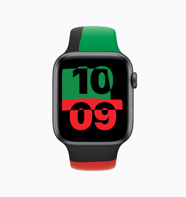 Unity 시계 페이스를 한 Apple Watch Series 6 Black Unity의 정면 이미지.