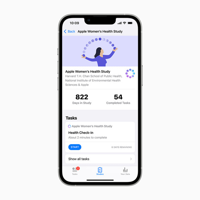 Bir iPhone ekranında kullanıcının gözünden Apple Kadın Sağlığı Çalışması görülüyor.