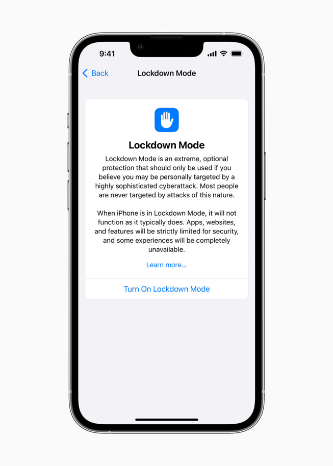 새로운 차단 모드 기능을 보여주는 iPhone 화면.