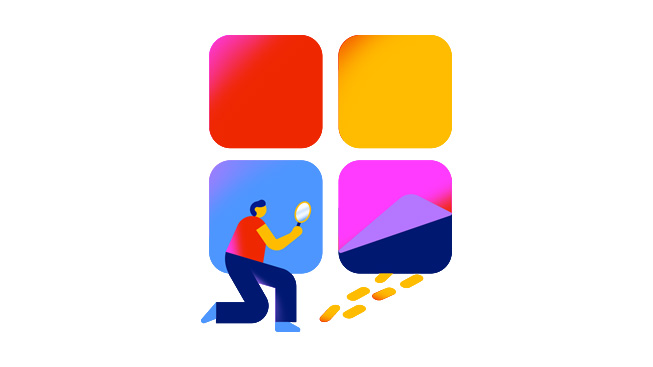Apple’ın App Store’da dolandırıcılığa son vermek için aldığı önlemleri vurgulayan, büyüteçle ayak izlerini takip eden bir figür.