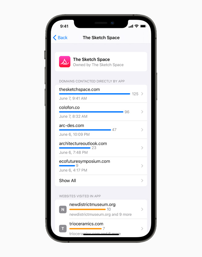 iPhone 12 Pro’da bir uygulama tarafından iletişim kurulan üçüncü taraf alan adlarının bir listesi gösteriliyor.