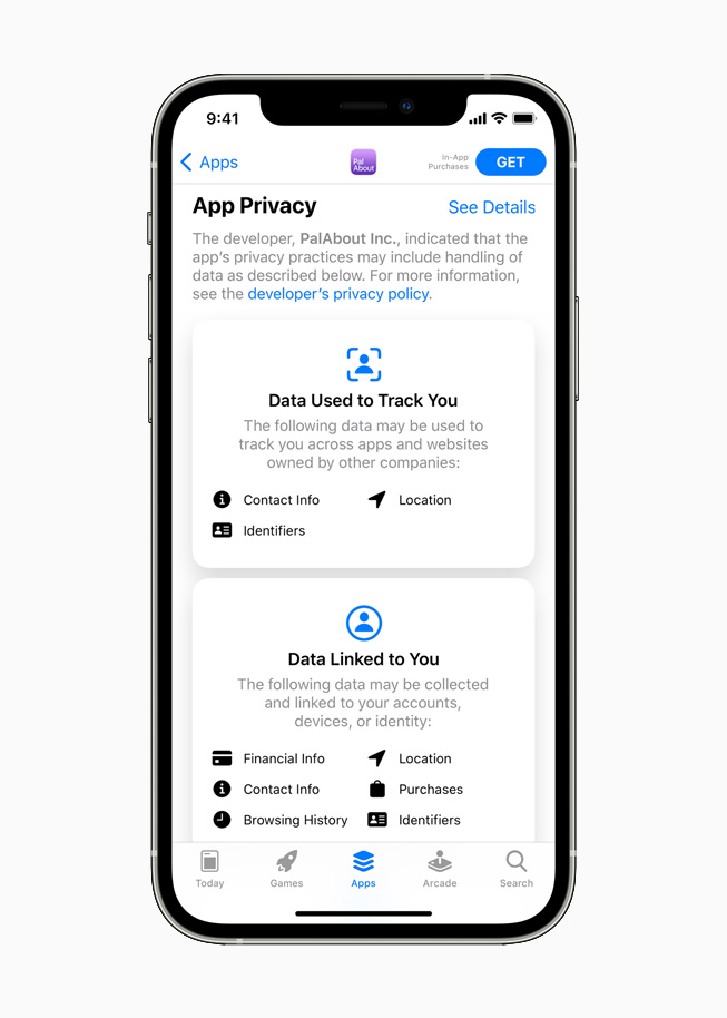 iPhone 12’de görüntülenen App Store gizlilik değeri etiketi. 