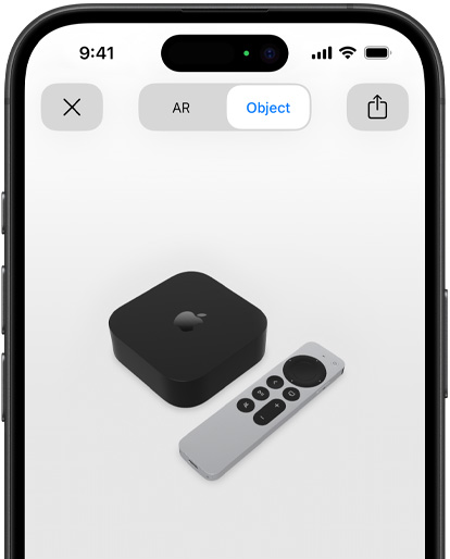 Imagem a mostrar a Apple TV 4K em realidade aumentada no ecrã do iPhone.