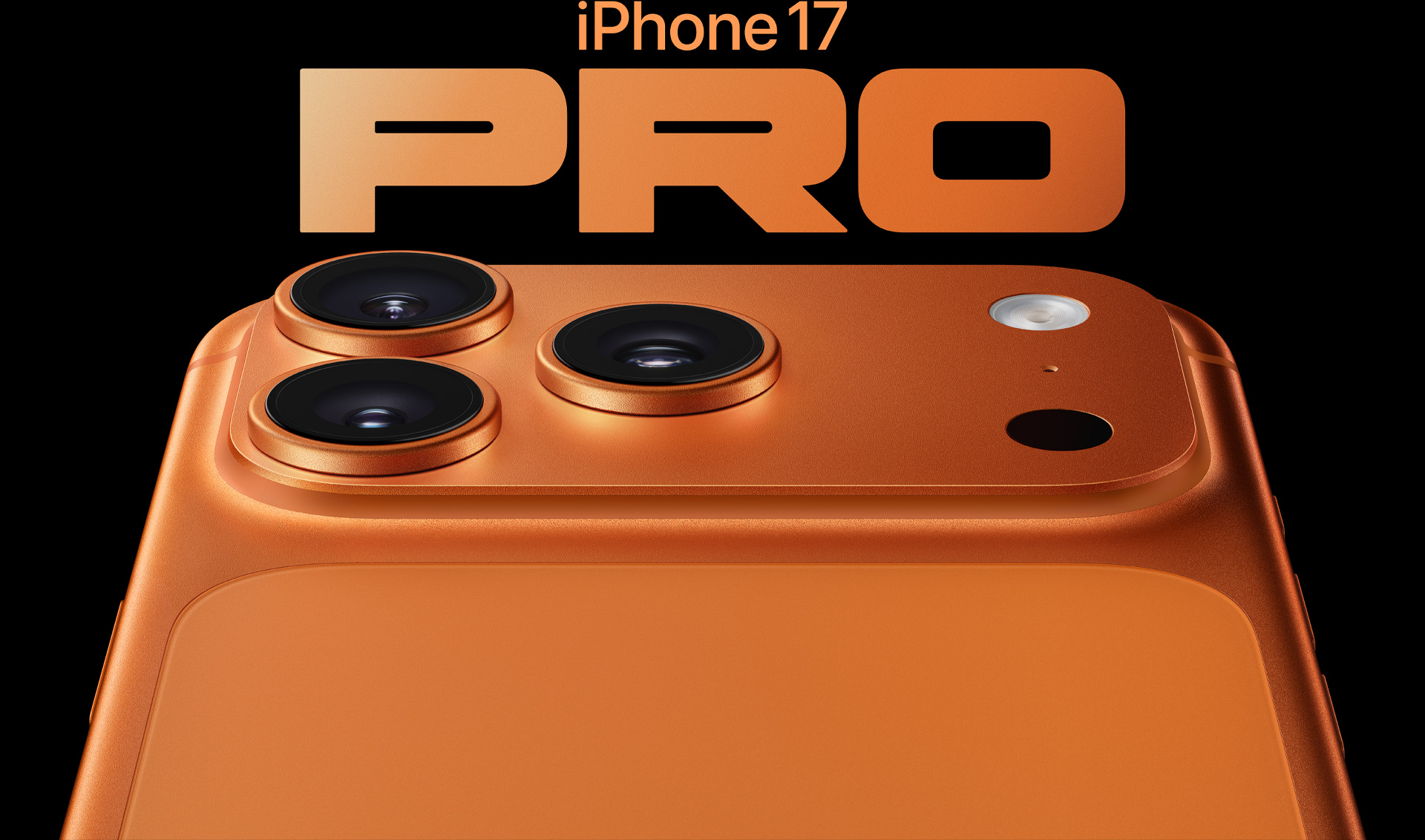 iPhone 17 Pro, Cosmic Orange finish, partial back exterior, Pro camera system in top left corner, three lenses, microphone, flash